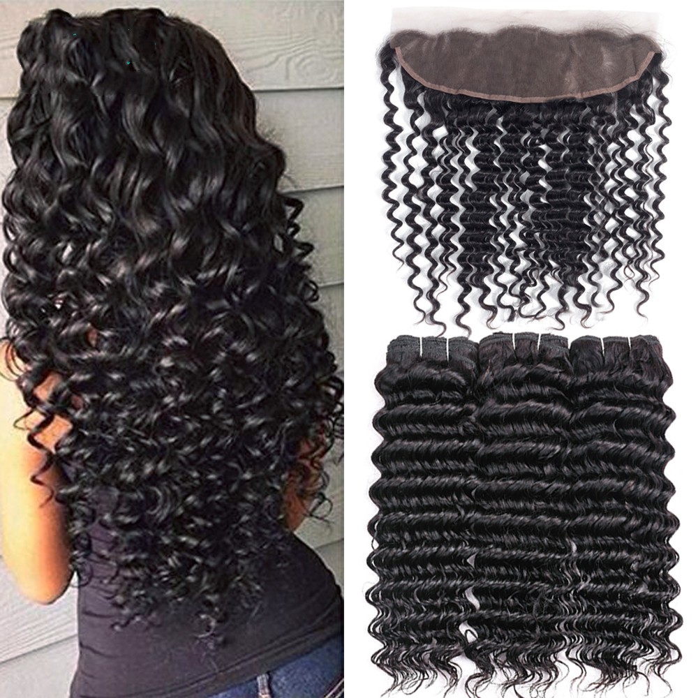 3pcs Deep Wave Hair Bundles 1pc 13 4 Lace Frontal Virgin Remy