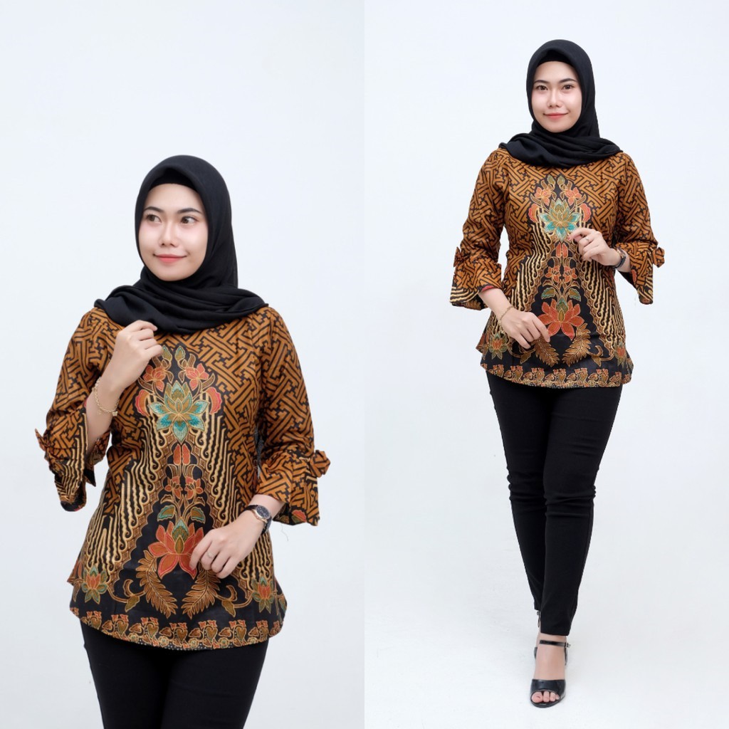 BAJU BATIK WANITA MOTIF MOZAIK COKLAT LENGAN LONCENG SERAGAM BATIK 