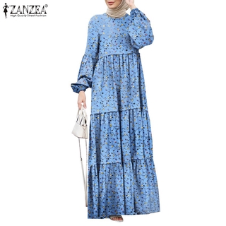 Image of ZANZEA Women Long Sleeve Vintage Printed Tiered Long Muslim Dress