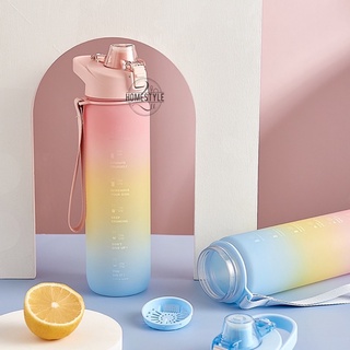 1L Water bottle leak-proof reminder to drink, gradient color water bottle with time Food Grade PP Plastic 网红渐变色水瓶