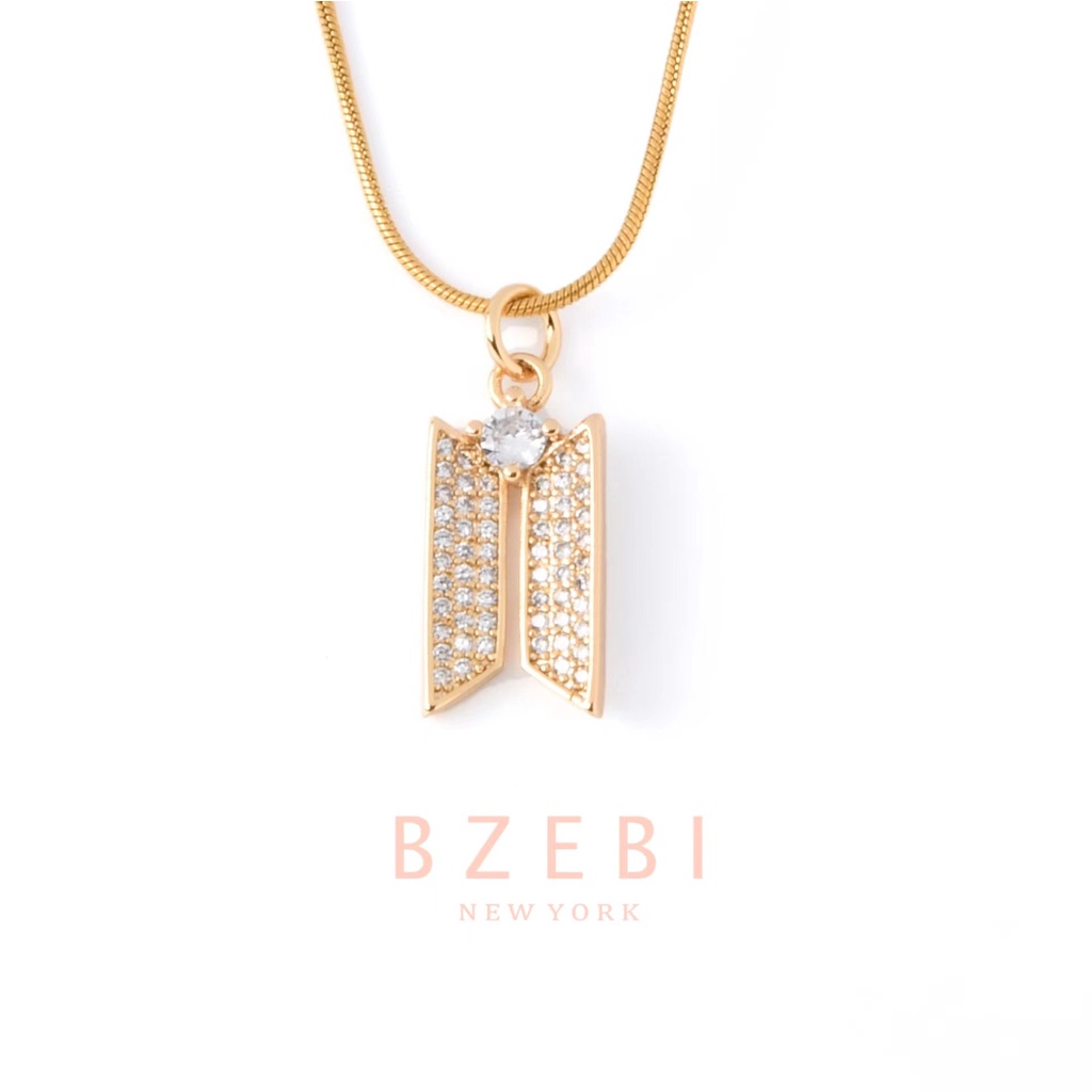 BZEBI 18k Gold Plated Hallyu K-Pop Army Pendant Necklace Zircon Kpop Trendy Korean Women Girls Gift Adjustable Chain Rantai Fashion Jewelry Accessories 222n