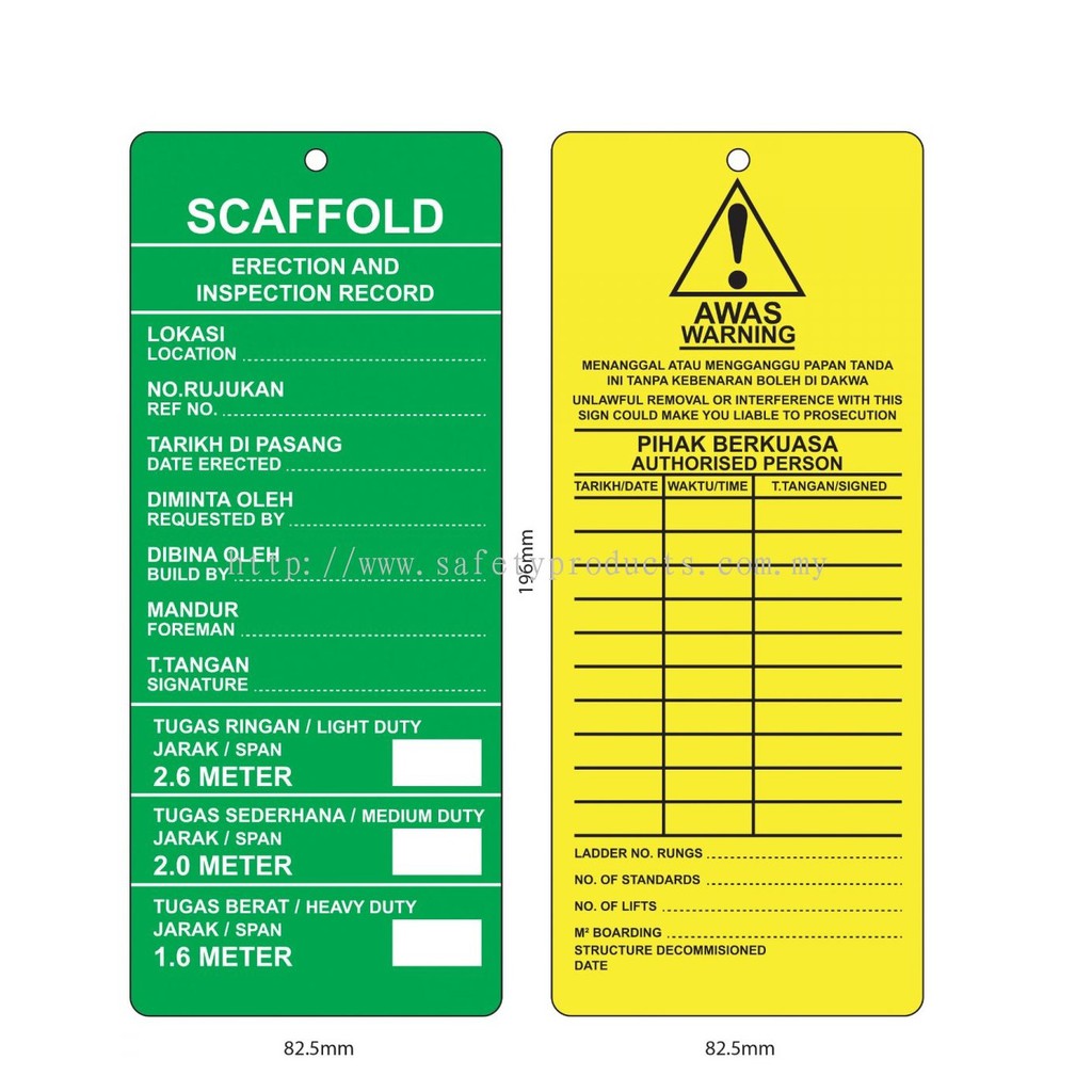 MSafe Safety Scaffolding Scaffold Tag Green Tag / Yellow Tag Lockout