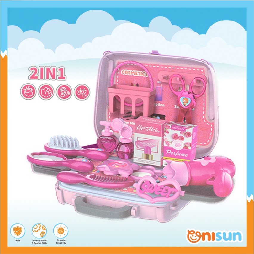 【Ready Stock】2 in 1 Kids Girl 24pcs Portable Cosmetics Hand Bag Playset with Accessories (Mainan Solekan)