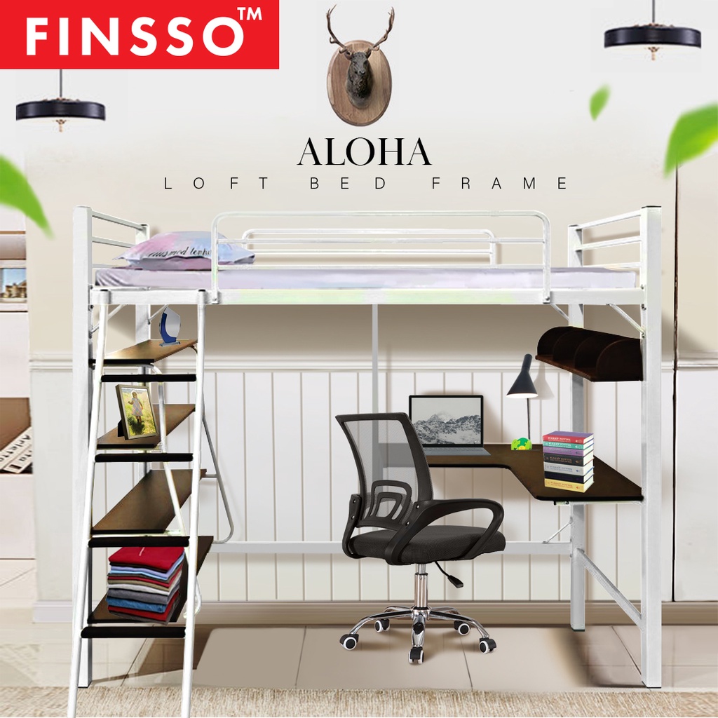 FINSSO : Aurora Loft Single Metal Bed Frame with Study Table & Book Shelves