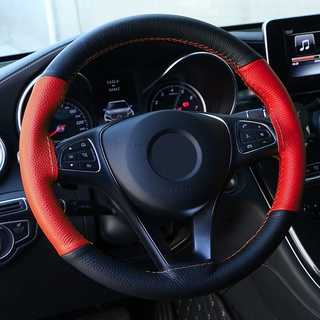 Universal Genuine Leather Steering Wheel Cover Hand Sewing Breathable Design 15 Inch DIY Cowhide Car Steering Wrap Black 