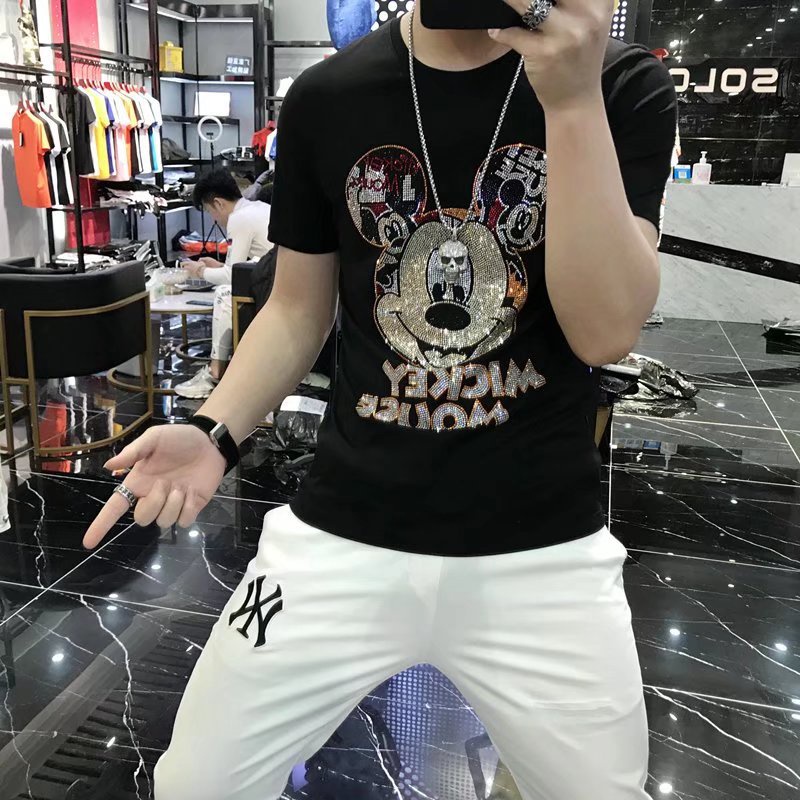 Men's Short Sleeve Fashion Hot Diamond T-Shirt Slim Round Neck Top 男士烫钻印花短袖T恤