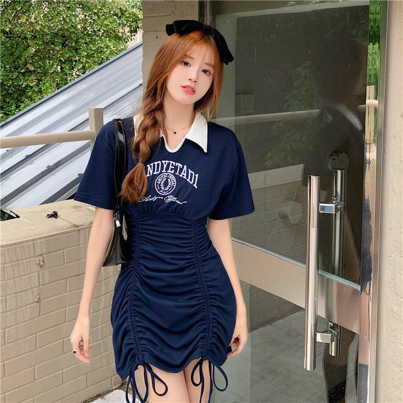 College Style Sweet Spicy Polo Collar High Waist Drawstring Pleated Dress Women's Korean Short Sleeve Retro Mini Dresses