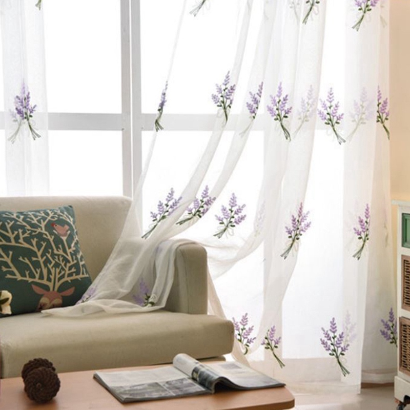 Pink Purple Lavender Embroidery Sheer Curtains White Tulle Window