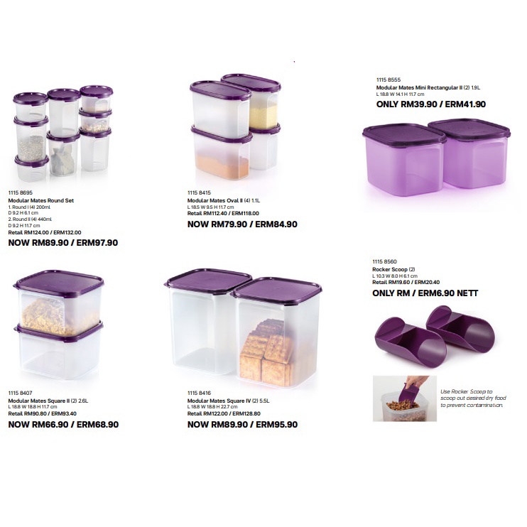 Tupperware Modular Mates Set ( Round (4) 200ml (4) 440ml/ Oval (4) 1.1L/ Square (2) 2.6L / Square IV (2) 5.5L