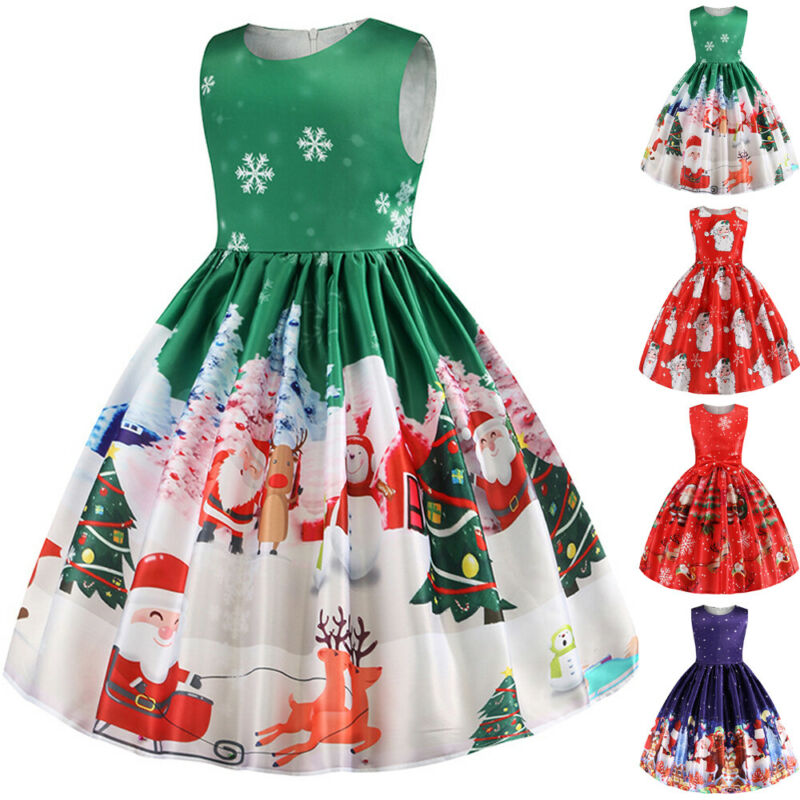 Christmas Princess Dress Kids Girls Sleeveless Crew Neck Xmas Print ...