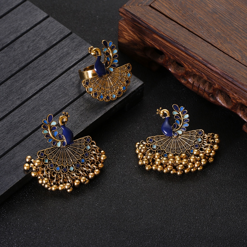 Indian Women's Blue Peacock Pearl Earrings&Ring Ethnic Dangel Bell Jhumka Dripping Oil Jewelry Set Gypsy Style