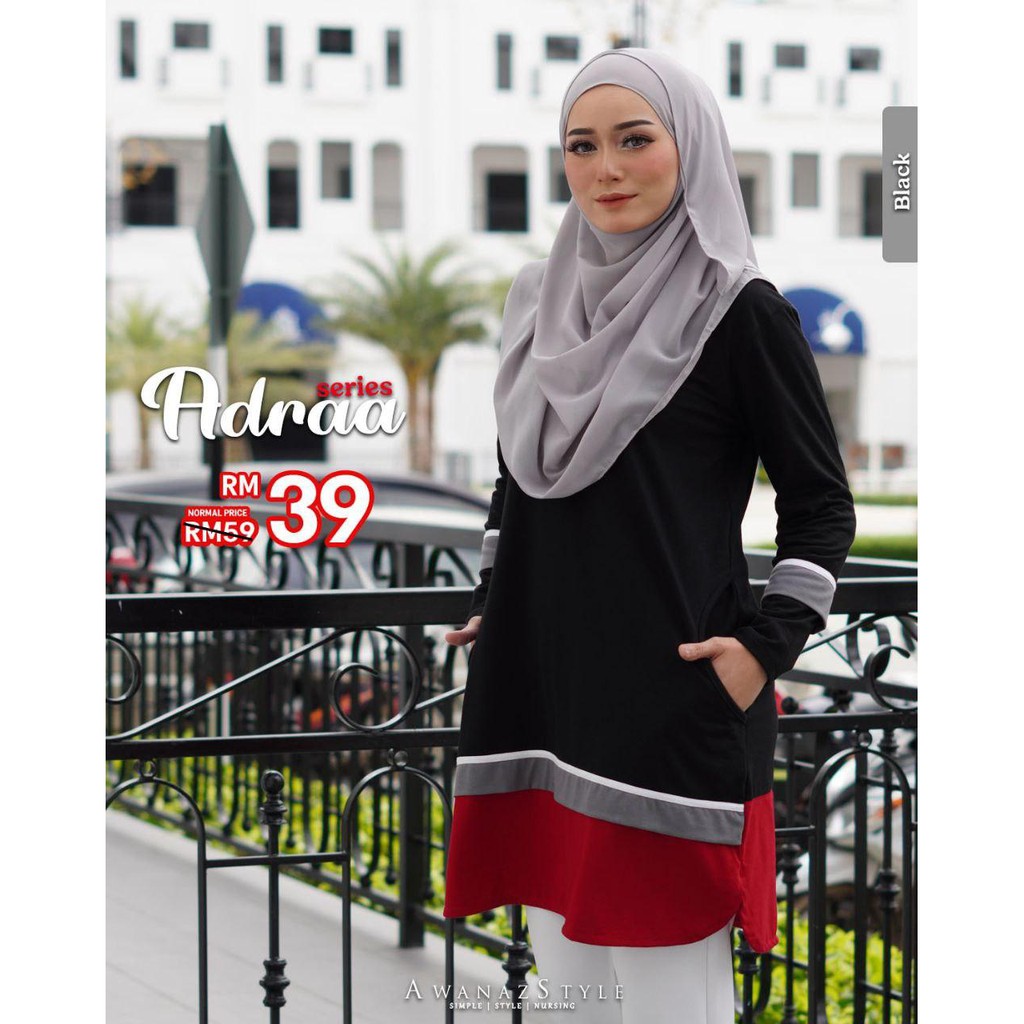 ADRAA SERIES BLACK COLOUR BLOUSE MUSLIMAH WARNA  HITAM  