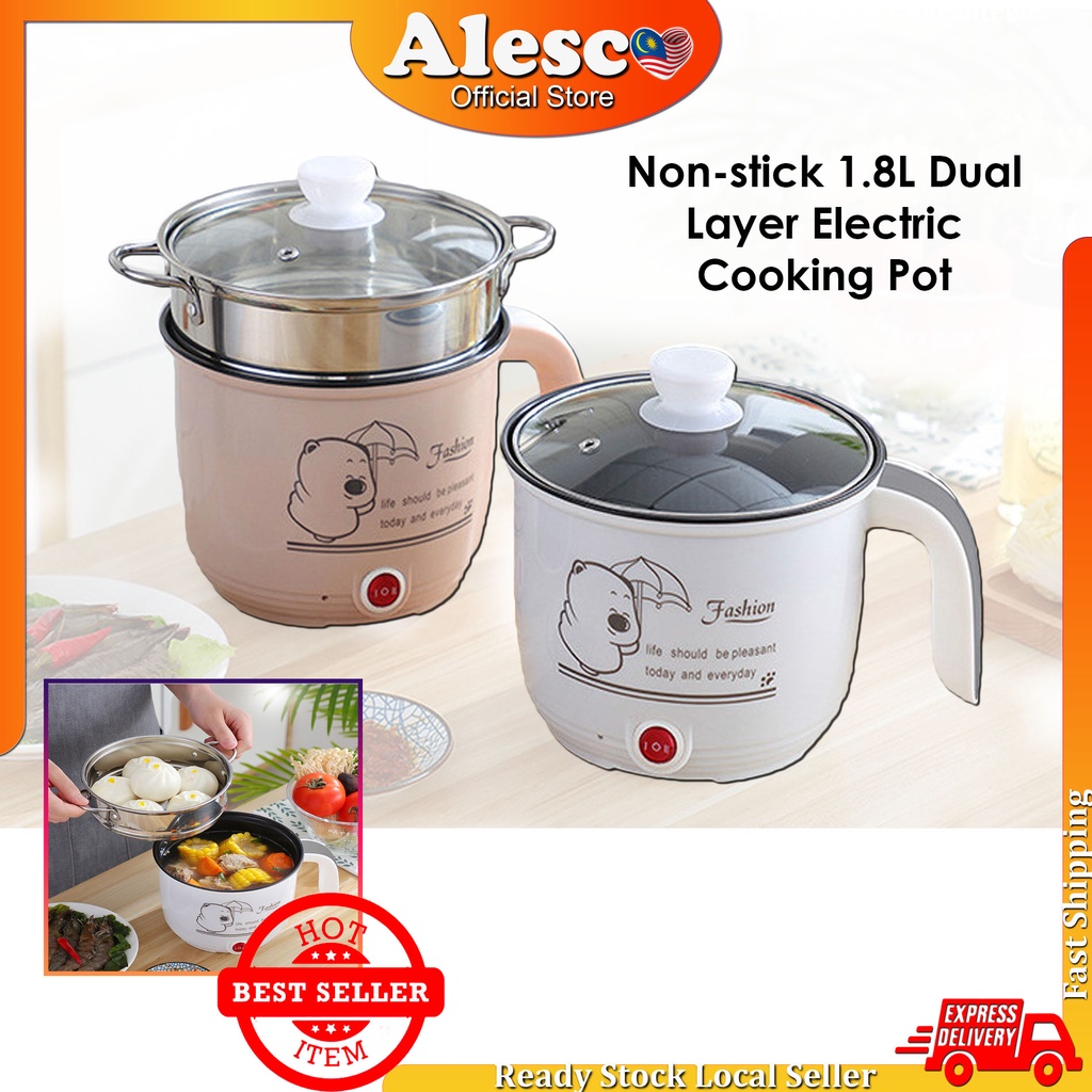 Alescomall 1.8L Non Stick Electric Pot /Mini Rice Cooker With Steamer Frying Pan Electric Cooker Cooking Pot