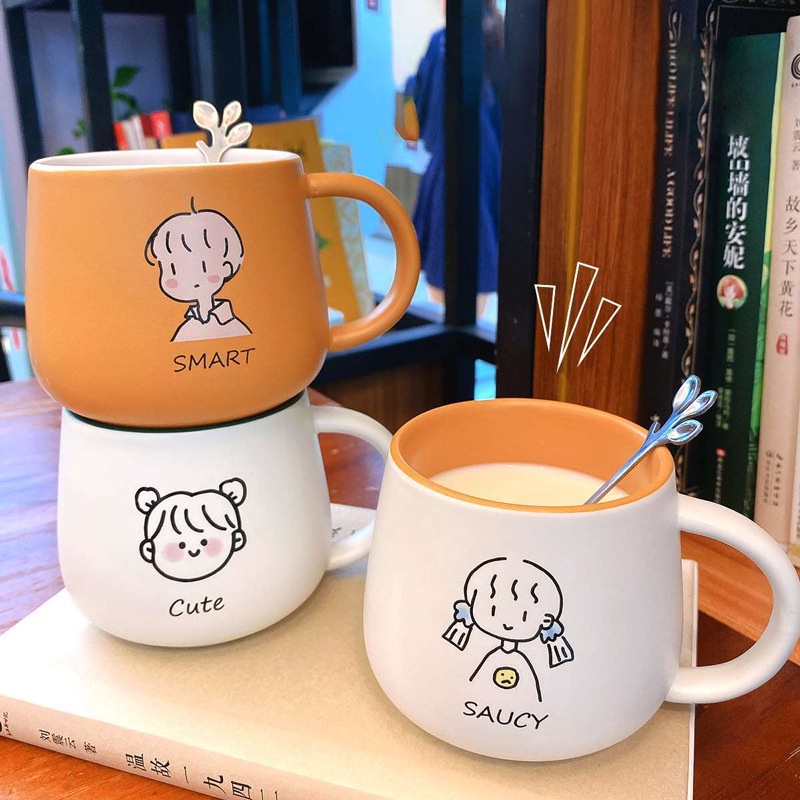 [Ready Stock] Creative cartoon ceramic mug / coffee milk tea ceramic mug with spoon / cute couple mug / 情侣马克杯