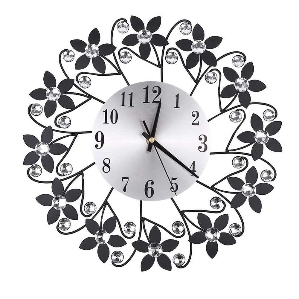 Retro Luxury Flower Shape Diamond Round Quartz Clock Art Wall Clock Mute Home Living Room Decor Black Shopee Malaysia