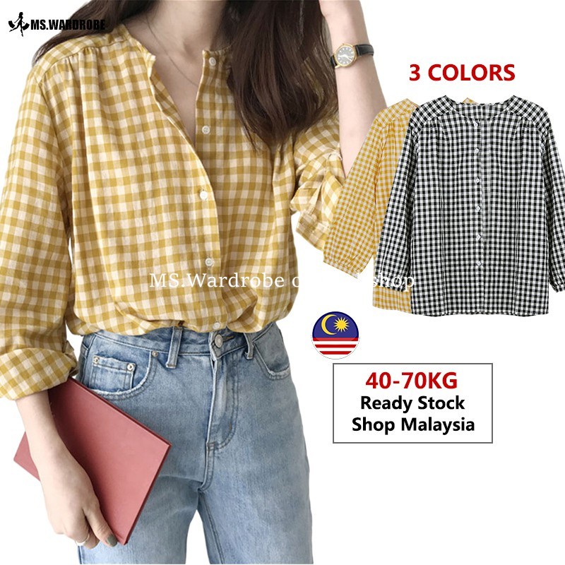 Ready stock Fashion Korean Round Neck Plaid Top Loose Long Blouse Sweet Casual Long-sleeved Shirt Blouse Women plaid top