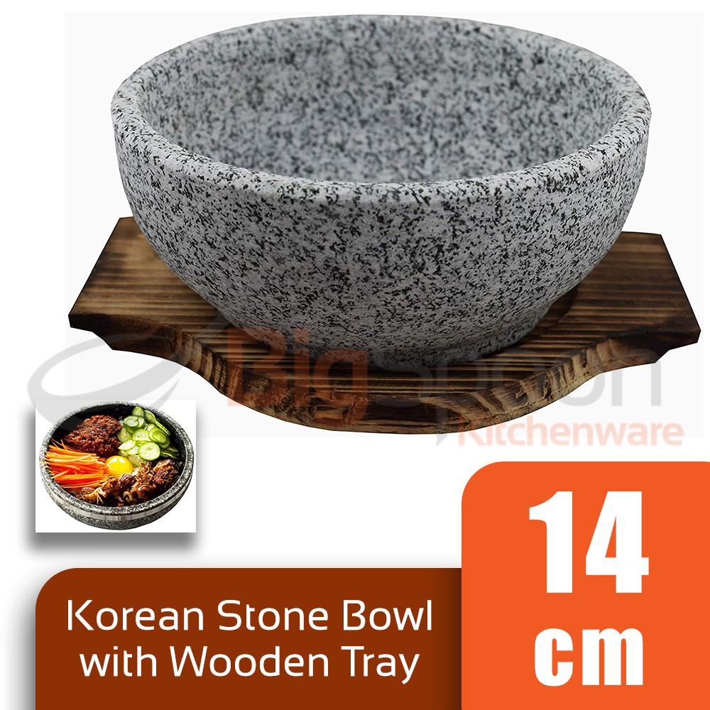 BIGSPOON Traditional Korean Stone Bowl 14cm Serving Bowl with Wooden Tray Serveware