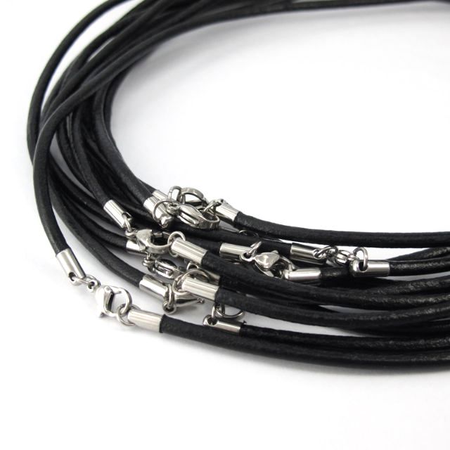 Silver Stainless Steel Lobster Clasp 3mm Mens Womens Genuine Black Leather Necklace String