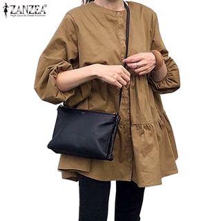 Image of ZANZEA Women Vintage Loose Long Puff Sleeve Casual Pleated Blouse