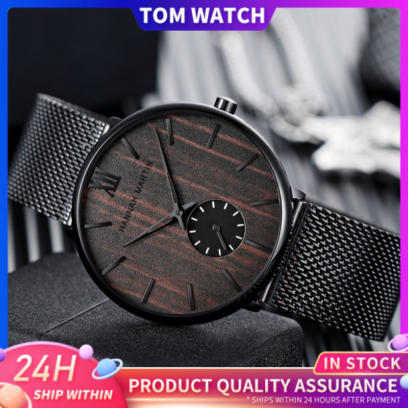 Hannah Martin Men Watch Jam tangan lelaki Ebony Wood Grain Wooden Watch Stainless Steel Black Stainless Steel Mesh Band