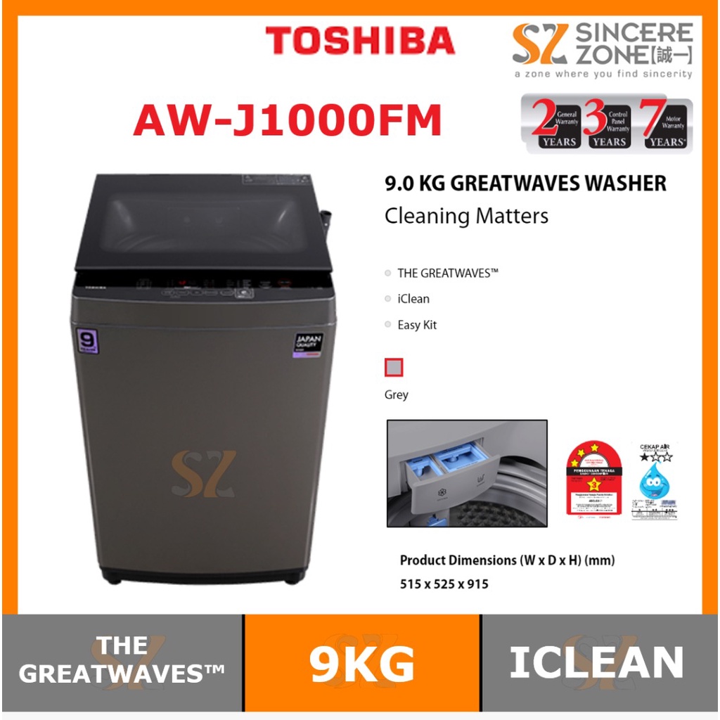 TOSHIBA AWJ1000FM WASHING MACHINE 9KG FULLY AUTO TOP LOAD THE GREATWAVES SOFT CLOSE TEMPERED