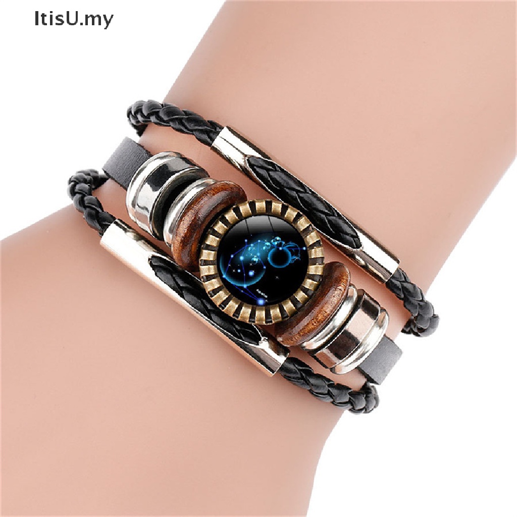 [ItisU] 12 Constellation Zodiac Sign Black Braided Leather Bracelet Cancer Leo Virgo Libra Woven Glass Dome Jewelry Punk Men Bracelet [MY]