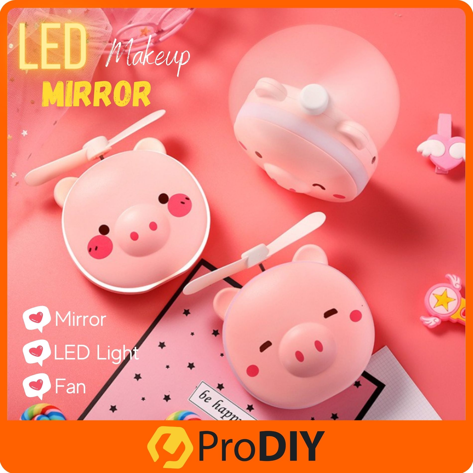 Cute Animal LED Cosmetic Mirror Fan Fill Light Makeup USB Charging Handheld Mini Cermin Muka