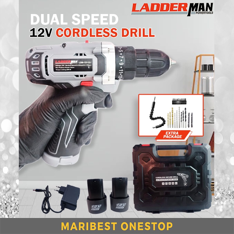 Package Ladderman 12v 2 Speed Cordless Drill Screwdriver With Li Ion Battery Shopee Malaysia