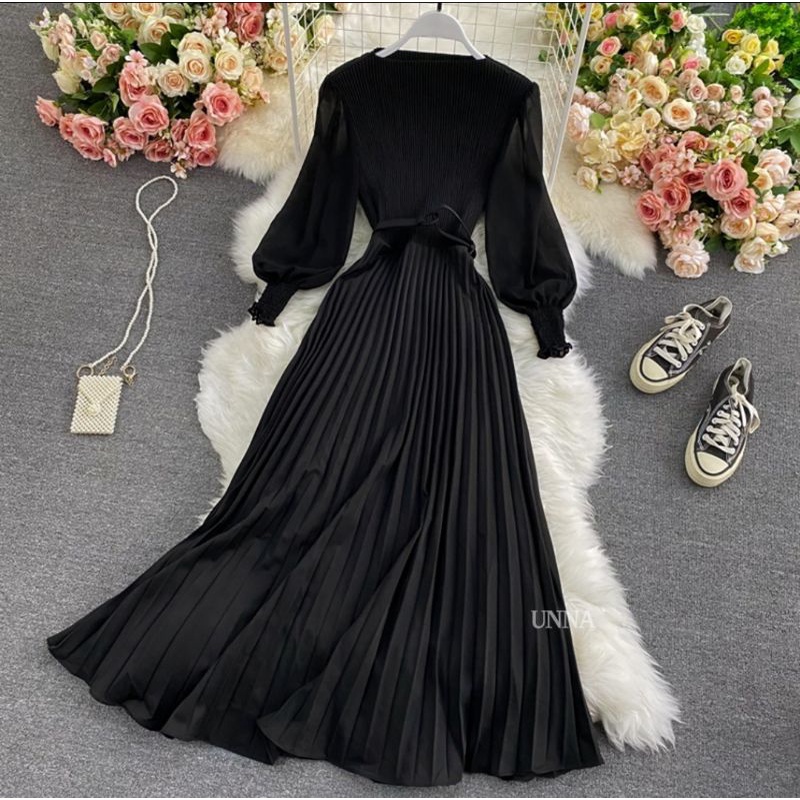 UNNAReadystock Autumn Fashion Long Dress Solid Color Pleated Maxi Dress Women Elegant Long Sleeve Dresses