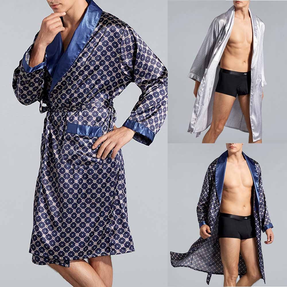 Mens Satin Silk Luxury Pajamas Kimono Bathrobe Robe Dressing Gown Pjs Loungewear