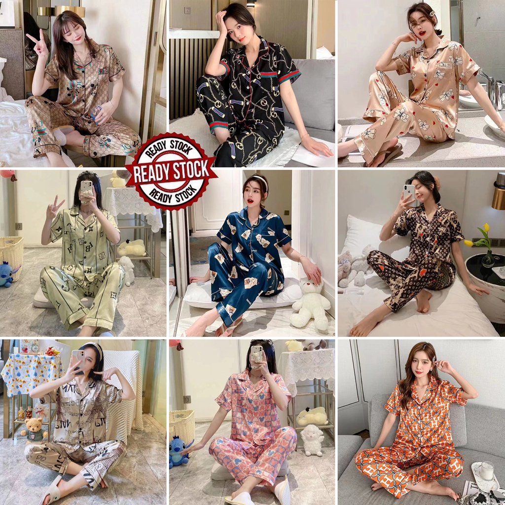 Ready Stock Women Silk Satin Loose Pyjamas Set Female Short Sleeve Comfy Sleepwear Pajamas Suit Baju Tidur nightwear丝绸睡衣