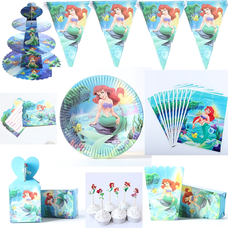 Mermaid cartoon theme party supplies paper plate/candy box/Popcorn box/paper  cup | Shopee Malaysia