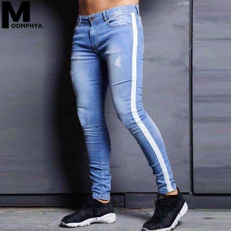 Side Stripes Distressed Holes Men Jeans Streetwear Hip Hop Denim Jeans Men Stylish Ripped Jeans For Shopee Malaysia