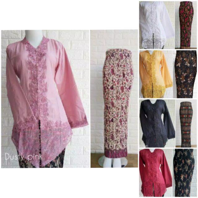 Set kebaya  labuh  Nyonya sulam baju  kain batik pleated 