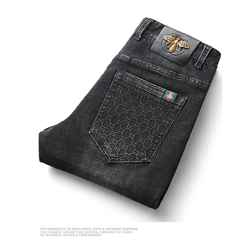 Gucci? Overseas brand jeans ? men's slim elastic straight bee ?Jeans  pants | Shopee Malaysia