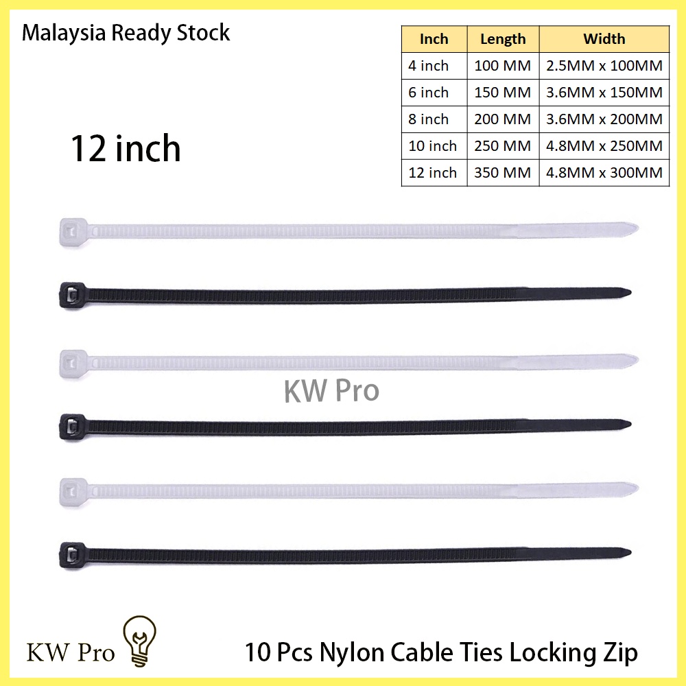 10pcs Nylon Cable Ties Pengikat Kabel Locking Zip 10inch (250mm ...