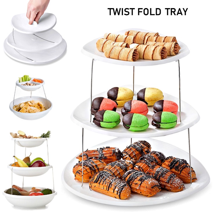 2 or 3 Tier Twist Fold Party Bowls Serving Plate Collapsible Nesting Plastic Platter Space Saving Server