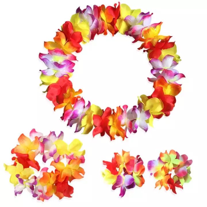 Hawaiian Flower Garlands ( 4 items in a Set) with Hawaii Bracelets, Headband, Necklace