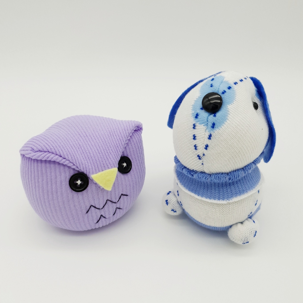 Sock Doll Owl & Doggy Handmade Sustainable Soft Cotton Stuffed, Very Cute Eco-Friendly