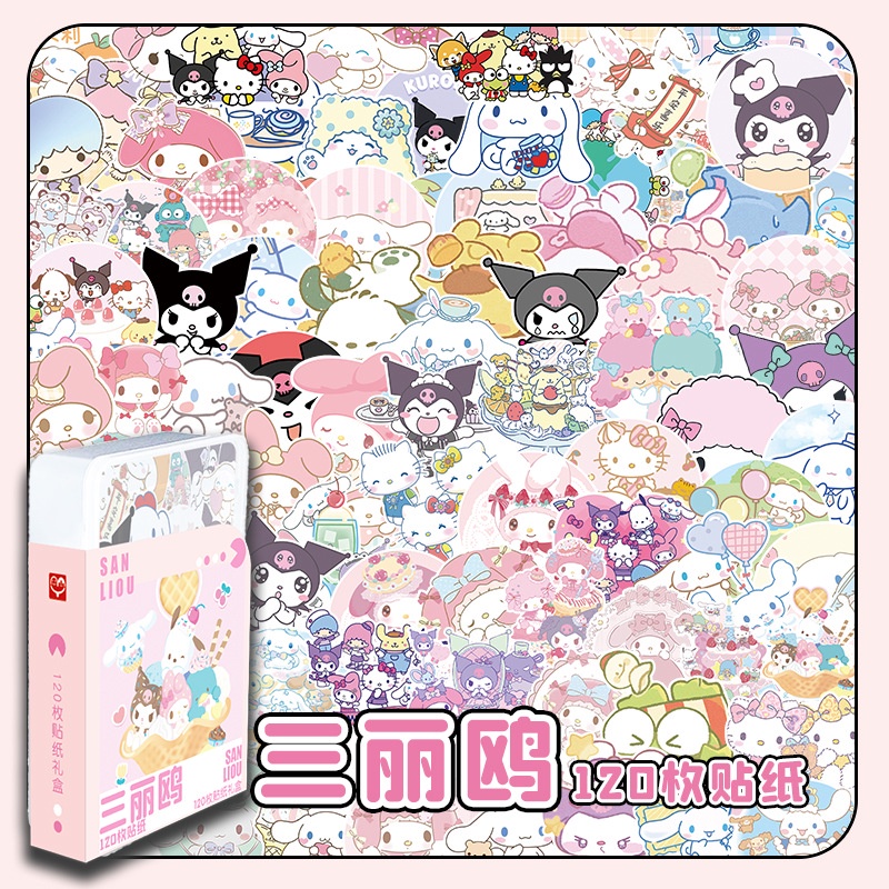 120 Pieces Sanrio Stickers Gift Box Boxed Non-Repetitive Big-Eared Dog Kuromi Melody Anime Merchandise Creative Self-Adhesive Big Head