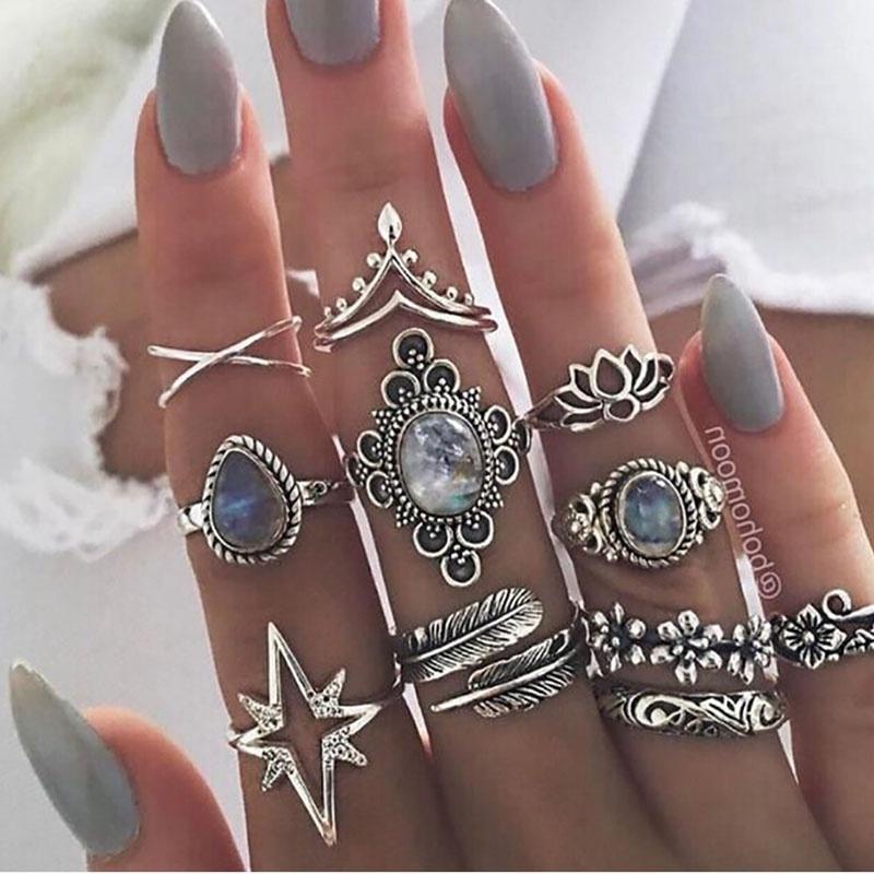 13PCS//set BOHO Moon /& Star Knuckle Opal Finger Ring Set Crystal Crown Midi Rings