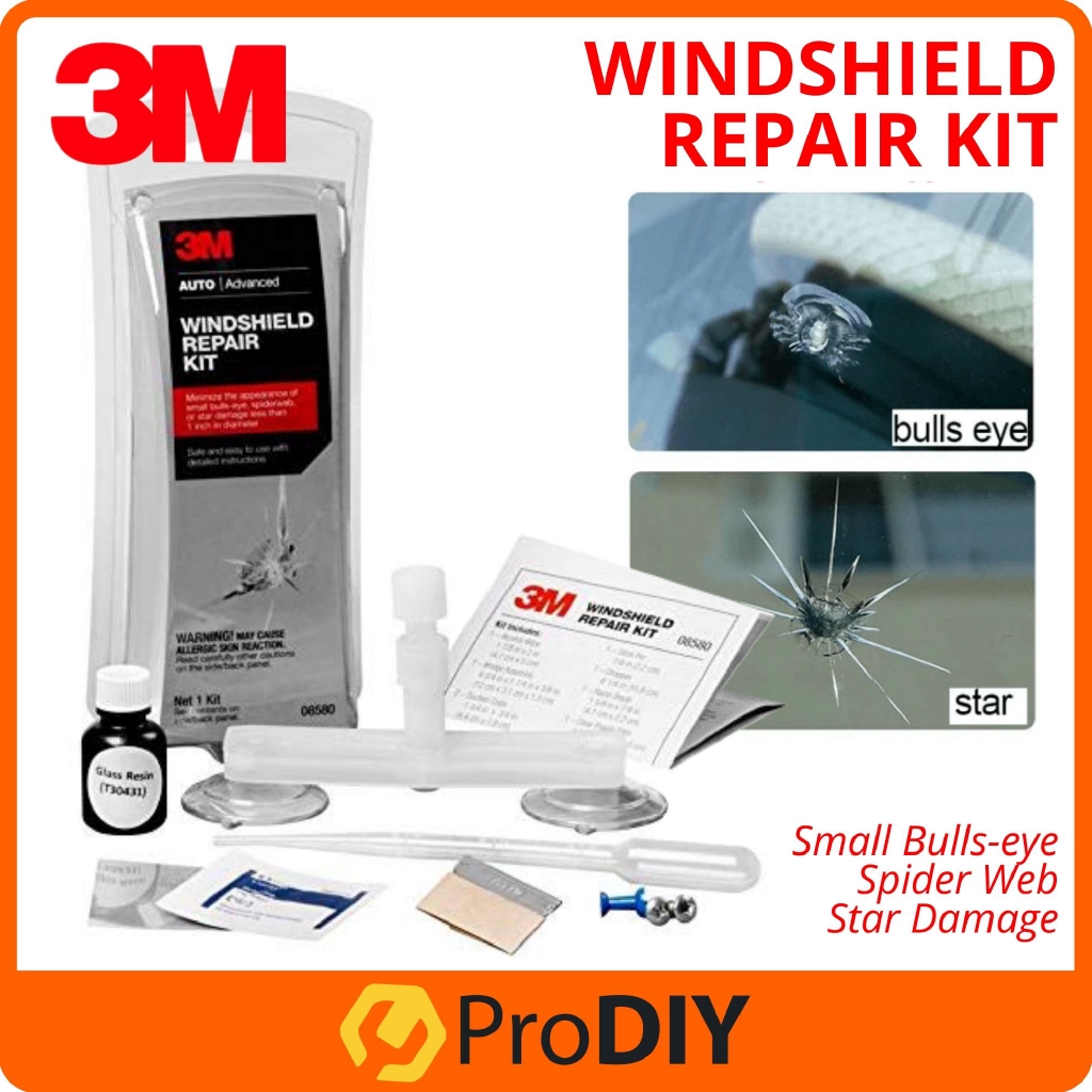 3M 08580 Windshield Repair Kit Minimize the Appearance of Small Bulls-Eye Spiderweb Hilangkan Kesan Retak Cermin Kereta