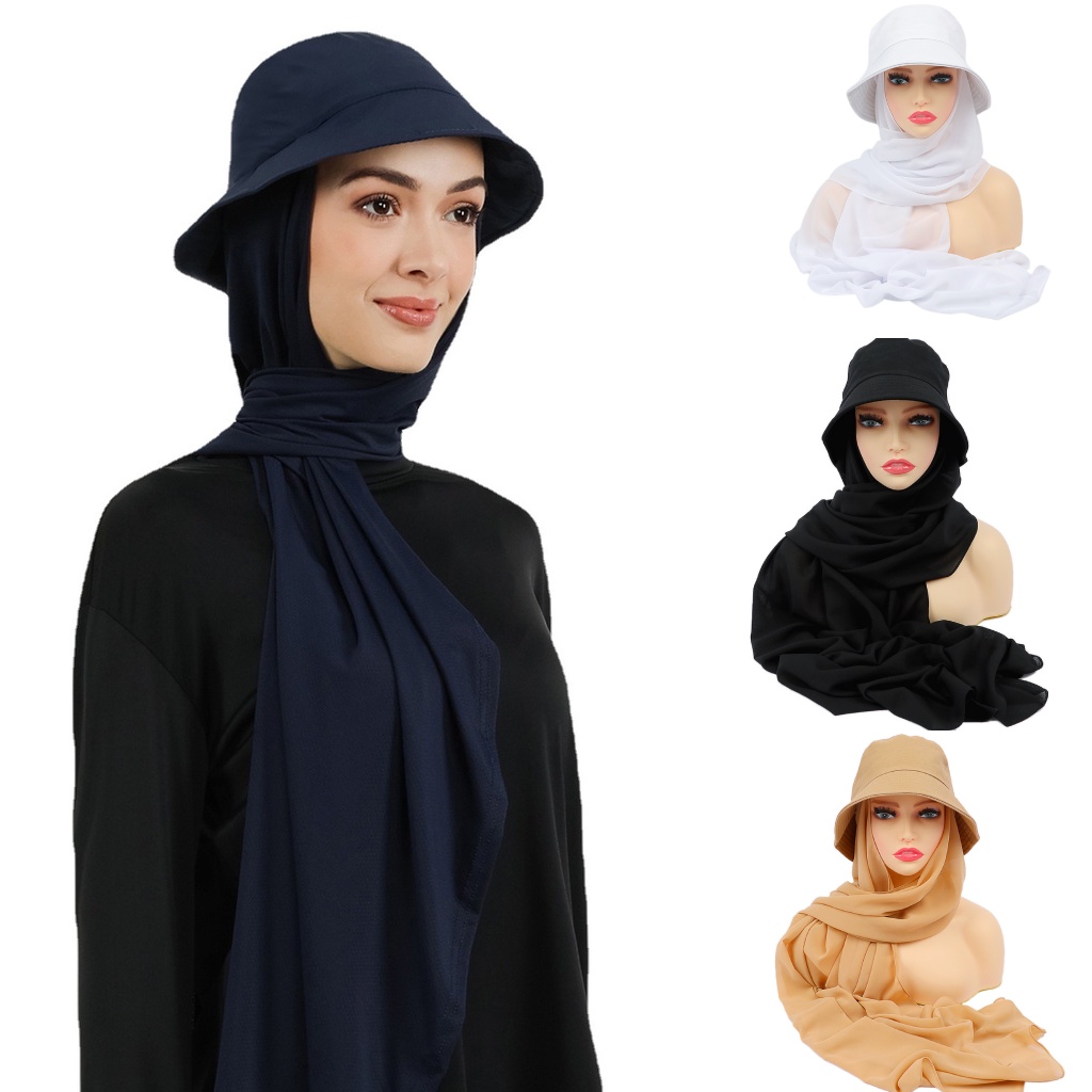 New Muslim Chiffon Hijab With Bucket Hat Fashion Bucket Hat With Tudung