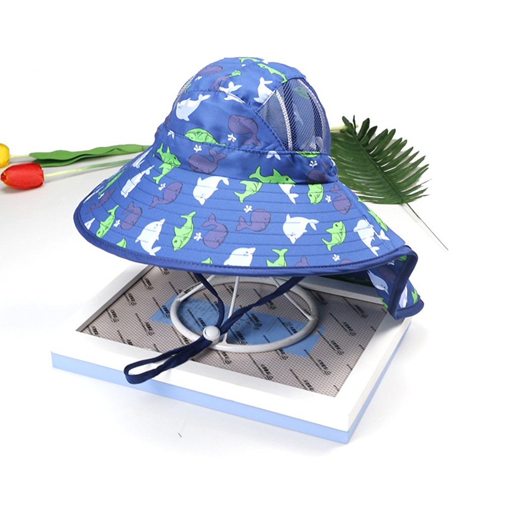 Dolphin Full Print Breathable Mesh Big Brim Sunscreen Sun Hat With Windproof Rope Basin Bucket Children [p0061210786295】