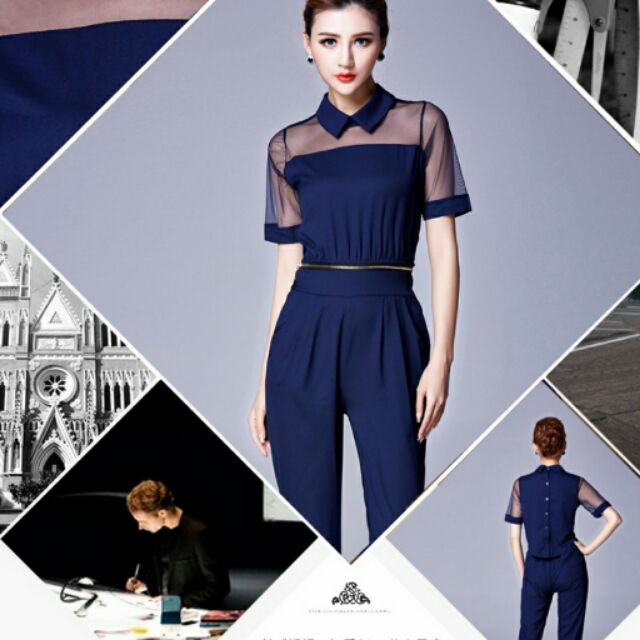 Chiffon Mesh Panel Jumpsuit 体闲显瘦连身小脚长裤雪纺体裤