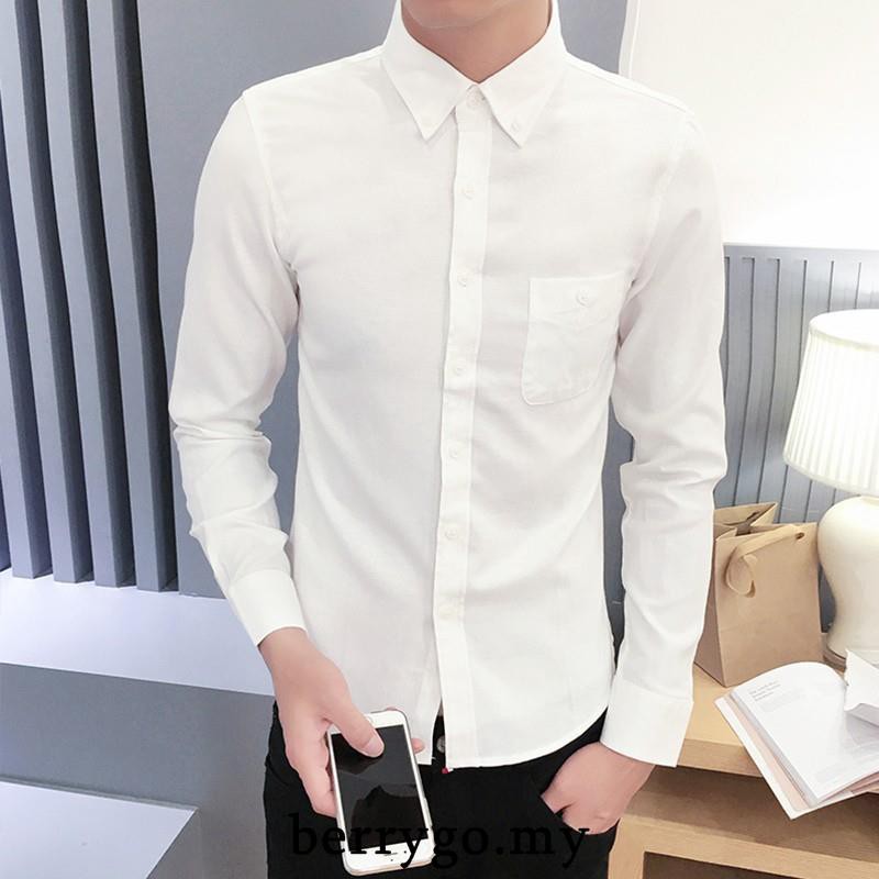 berrygo Putih Lelaki  Baju  Lengan  Panjang  Slim Fit Shirt 