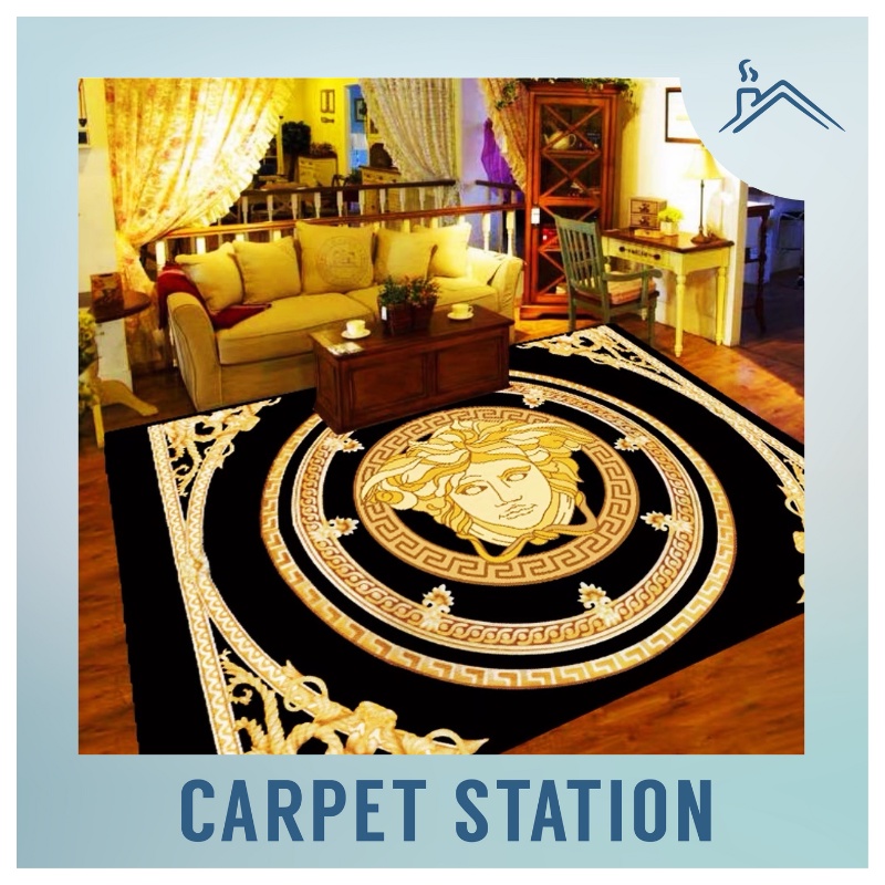 Karpet Besar Velvet Murah Hiasan Bilik Versace Medusa Luxury Design Carpet Velvet Home Decoration Rugs Quality Floormat