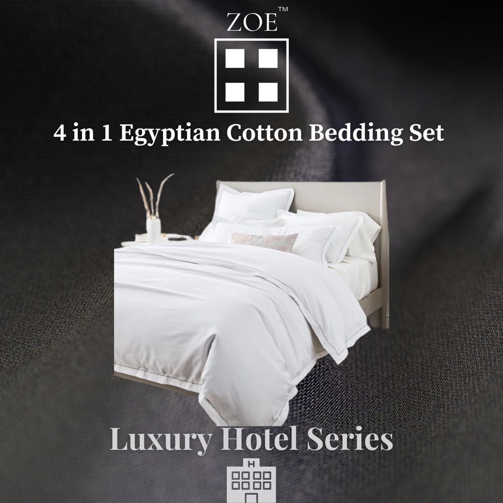 Zoe 4 in 1 Egyptian Cotton Bedding Set Hotel Quality - Super Single/Queen/King (Plain White)