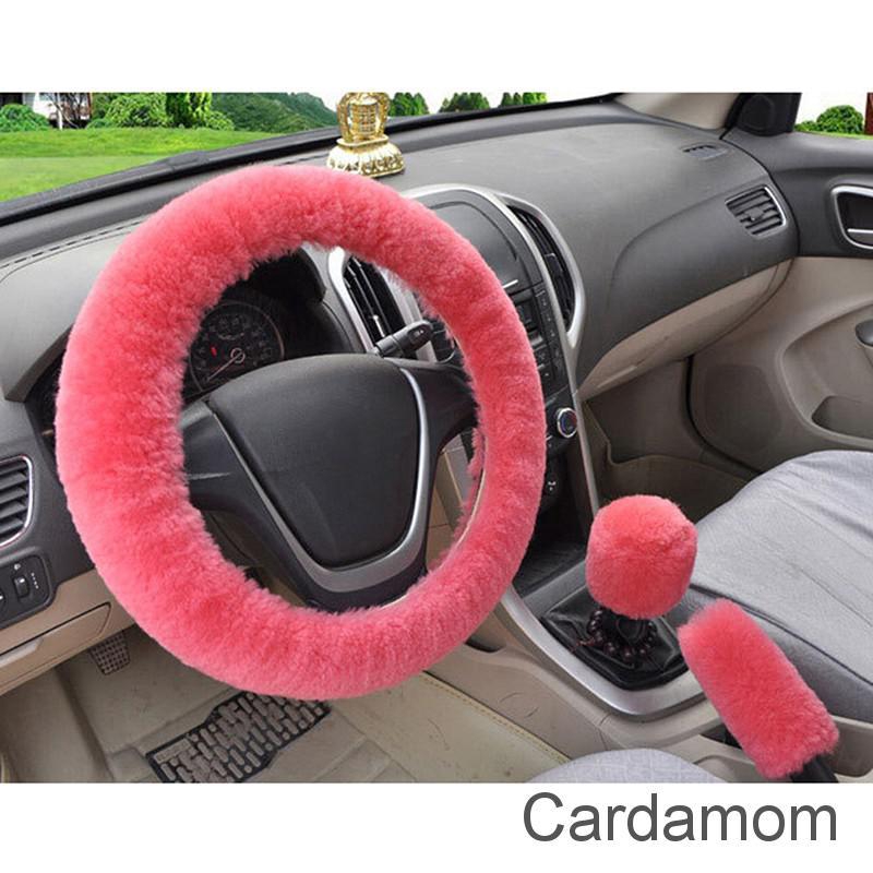 3 Pcs Car Steering Wheel Cover For Women Sets Wool Plush Gray Shift Handbrake