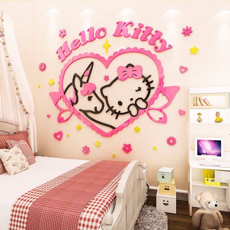 Hello Kitty Unicorn 3d Stereo Wall Stickers Cartoon Bedroom Decoration Wallpaper Shopee Malaysia